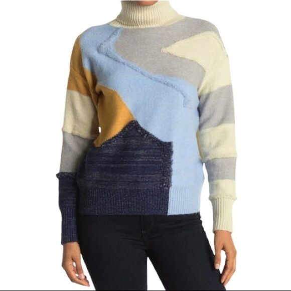 FRNCH PARIS Wool Abstract Color Block Turtleneck Sweater Patchwork Metallic Warm - Picture 1 of 9